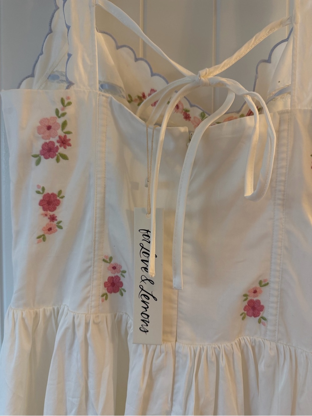 For Love & Lemons Tea Time White Midi Dress with Pink Floral Embroidery - Picture 10 of 15